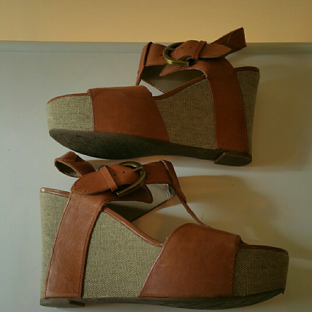 Franco Sarto Brown Leather and Canvas Platform Wedges